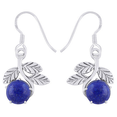 Gorgeous Handcrafted stem w/Leaves Around Lapis Round Shape 925 Sterling Solid Silver Dangle Earrings - R1501995-6