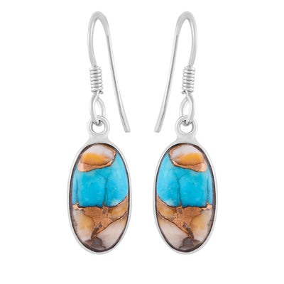 Alluring Plain Bezel Oyster Copper Turquoise Oval Shape 925 Sterling Solid Silver Dangle Earrings - R1502003-12