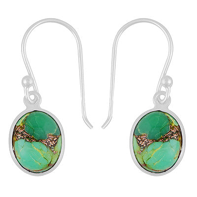 Alluring Plain Bezel Green Copper Turquoise Oval Shape 925 Sterling Solid Silver Dangle Earrings - R1502010-12