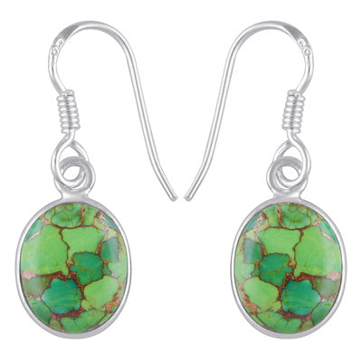 Alluring Plain Bezel Green Copper Turquoise Oval Shape 925 Sterling Solid Silver Dangle Earrings - R1502010-2