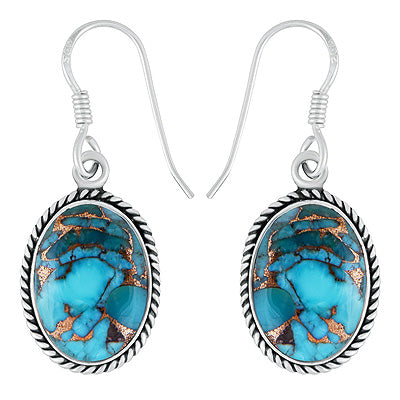 Beautiful Twisted Wire Work Around Blue Copper Turquoise Oval Shape 925 Sterling Solid Silver Dangle Earrings - R1502031-14