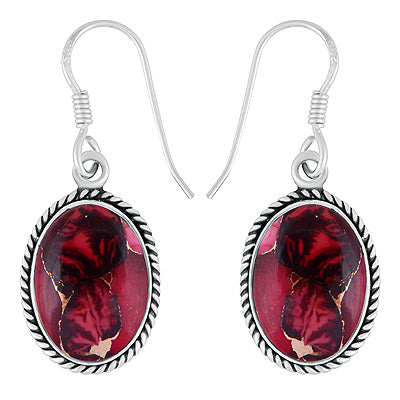 Beautiful Twisted Wire Work Around Red Rose Dahlia Copper Turquoise Oval Shape 925 Sterling Solid Silver Dangle Earrings - R1502031-2