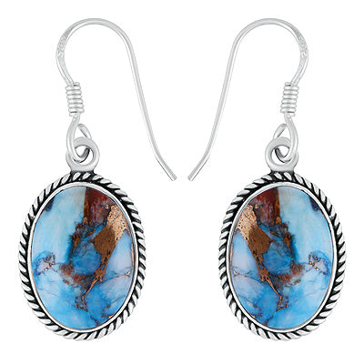 Beautiful Twisted Wire Work Around Peacock Dahlia Copper Turquoise Oval Shape 925 Sterling Solid Silver Dangle Earrings - R1502031-5