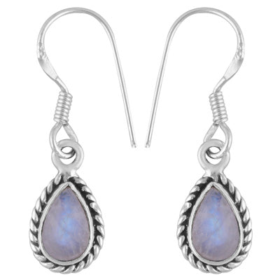 Authentic Wire Work Around Rainbow Moonstone Pear Shape 925 Sterling Solid Silver Earrings - R1502033-1