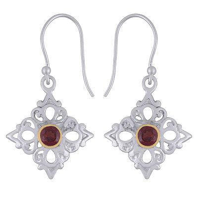 Gold Plating Flower Cut out Garnet Round Shape 925 Sterling Solid Silver Dangle Earrings - R1631-15