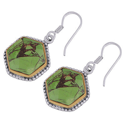 Stunning Rawa Work Gold Plating Around Green Copper Turquoise Hexagon Shape 925 Sterling Solid Silver Dangle Earrings - R1631-16