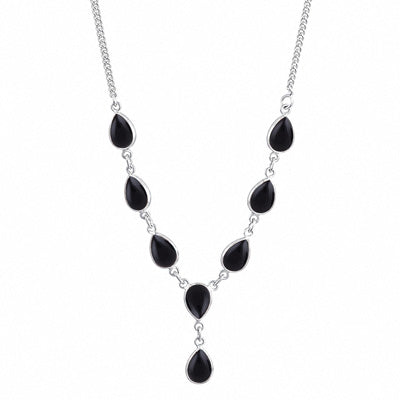 Beautiful Eight Bezel Gemstone Black Onyx Pear Shape 925 Sterling Solid Silver Necklace - R1900089-30