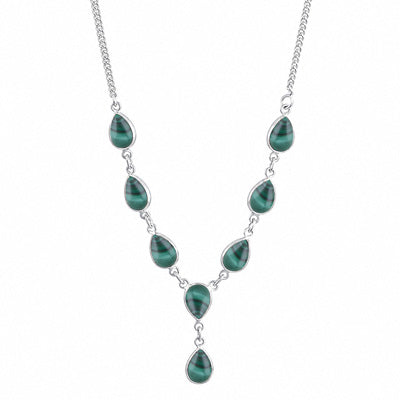Beautiful Eight Bezel Gemstone Malachite Pear Shape 925 Sterling Solid Silver Necklace - R1900089-35