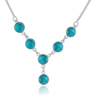 Beautiful Six Gemstones Turquoise Round Shape 925 Sterling Solid Silver Necklace - R1900110-53