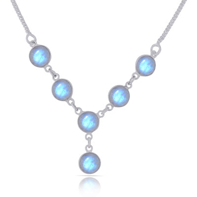 Beautiful Six Gemstones Rainbow Moonstone Round Shape 925 Sterling Solid Silver Necklace - R1900110-54