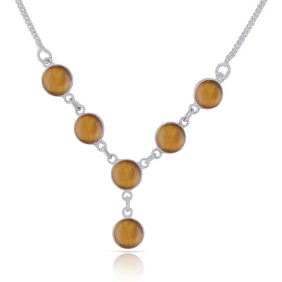 Beautiful Six Gemstones Tiger's Eye Round Shape 925 Sterling Solid Silver Necklace - R1900110-60