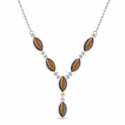 Gorgeous Six Gemstones Tiger's Eye Marquise Shape 925 Sterling Solid Silver Necklace - R1900136-11