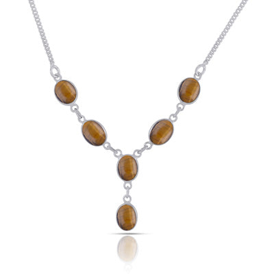 Alluring Six Gemstones Tiger's Eye Oval Shape 925 Sterling Solid Silver Necklace - R1900154-111
