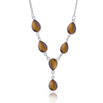 Stunning Six Gemstones Tiger's Eye Pear Shape 925 Sterling Solid Silver Necklace - R1900208-24