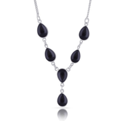 Stunning Six Gemstones Black Onyx Pear Shape 925 Sterling Solid Silver Necklace - R1900208-29