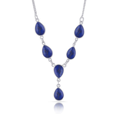 Stunning Six Gemstones Lapis Pear Shape 925 Sterling Solid Silver Necklace - R1900208-34