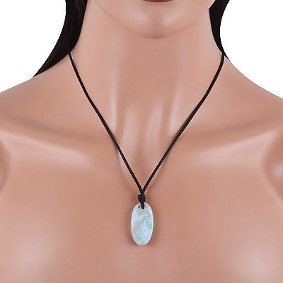 Magnificent Gemstone Larimar Oval Shape Black Cotton Cord Pendant Necklace - R1900225-3