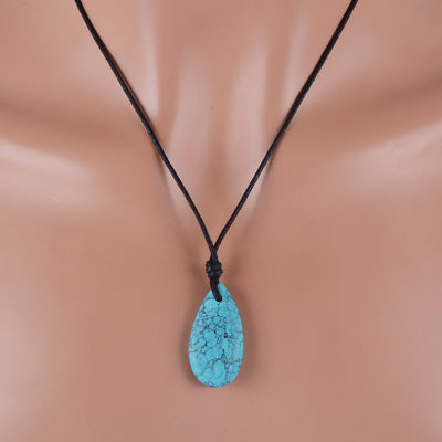 Magnificent Gemstone Turquoise Pear Shape Black Cotton Cord Pendant Necklace - R1900226-7