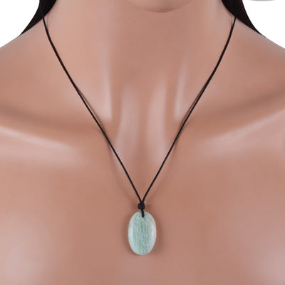 Magnificent Gemstone Amazonite Oval Shape Black Cotton Cord Pendant Necklace - R1900227-4