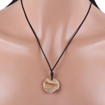 Magnificent Gemstone Picture Jasper Round Shape Black Cotton Cord Pendant Necklace - R1900228-1