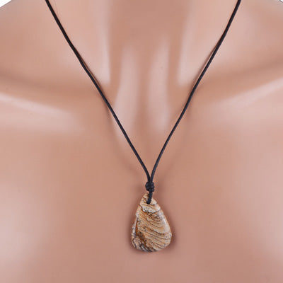 Magnificent Gemstone Picture Jasper Pear Shape Black Cotton Cord Pendant Necklace - R1900228-11