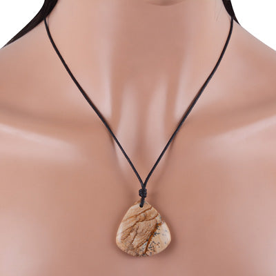 Magnificent Gemstone Picture Jasper Pear Shape Black Cotton Cord Pendant Necklace - R1900228-12