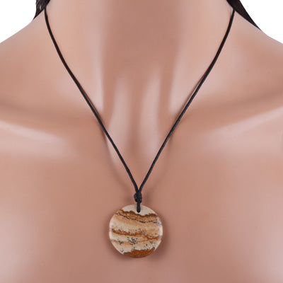 Magnificent Gemstone Picture Jasper Round Shape Black Cotton Cord Pendant Necklace - R1900228-3