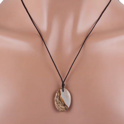 Magnificent Gemstone Picture Jasper Oval Shape Black Cotton Cord Pendant Necklace - R1900228-4