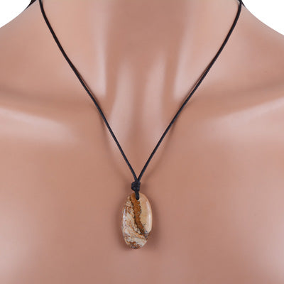 Magnificent Gemstone Picture Jasper Oval Shape Black Cotton Cord Pendant Necklace - R1900228-6