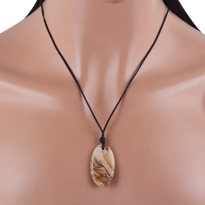 Magnificent Gemstone Picture Jasper Oval Shape Black Cotton Cord Pendant Necklace - R1900228-7