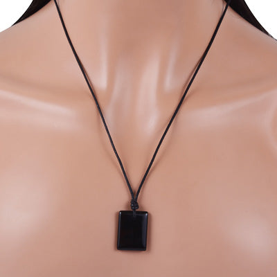 Magnificent Gemstone Black Onyx Rectangle Shape Black Cotton Cord Pendant Necklace - R1900229-9