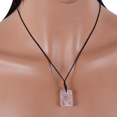 Magnificent Gemstone Rose Quartz Rectangle Shape Black Cotton Cord Pendant Necklace - R1900230-12