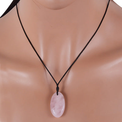 Magnificent Gemstone Rose Quartz Oval Shape Black Cotton Cord Pendant Necklace - R1900230-3