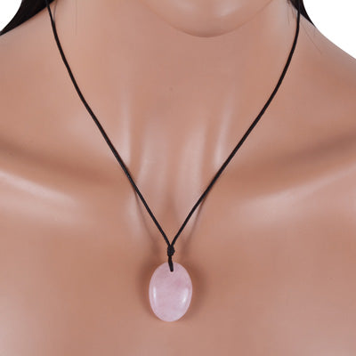Magnificent Gemstone Rose Quartz Oval Shape Black Cotton Cord Pendant Necklace - R1900230-5