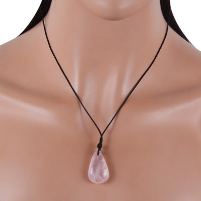 Magnificent Gemstone Rose Quartz Pear Shape Black Cotton Cord Pendant Necklace - R1900230-8
