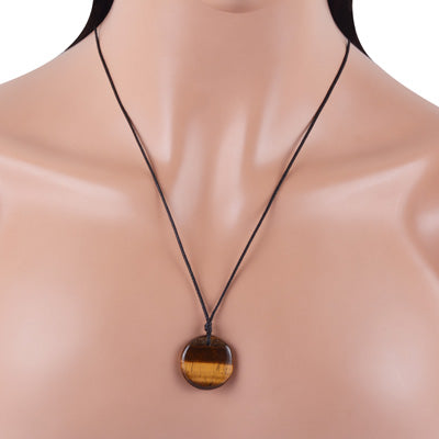 Magnificent Gemstone Tiger's Eye Round Shape Black Cotton Cord Pendant Necklace - R1900231-1