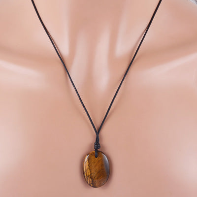 Magnificent Gemstone Tiger's Eye Oval Shape Black Cotton Cord Pendant Necklace - R1900231-11