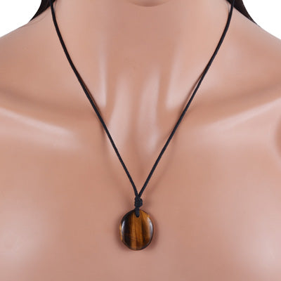 Magnificent Gemstone Tiger's Eye Oval Shape Black Cotton Cord Pendant Necklace - R1900231-5
