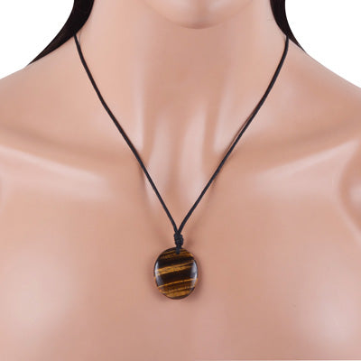 Magnificent Gemstone Tiger's Eye Oval Shape Black Cotton Cord Pendant Necklace - R1900231-8