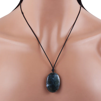 Magnificent Gemstone Moss Agate Oval Shape Black Cotton Cord Pendant Necklace - R1900235-13