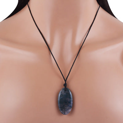 Magnificent Gemstone Moss Agate Oval Shape Black Cotton Cord Pendant Necklace - R1900235-14