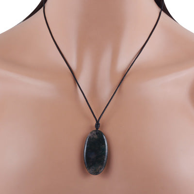 Magnificent Gemstone Moss Agate Oval Shape Black Cotton Cord Pendant Necklace - R1900235-15