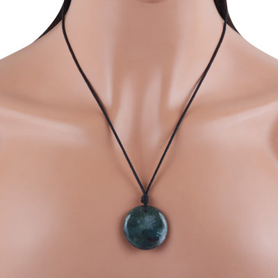 Magnificent Gemstone Moss Agate Round Shape Black Cotton Cord Pendant Necklace - R1900235-3