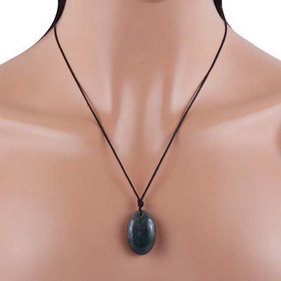 Magnificent Gemstone Moss Agate Oval Shape Black Cotton Cord Pendant Necklace - R1900235-7