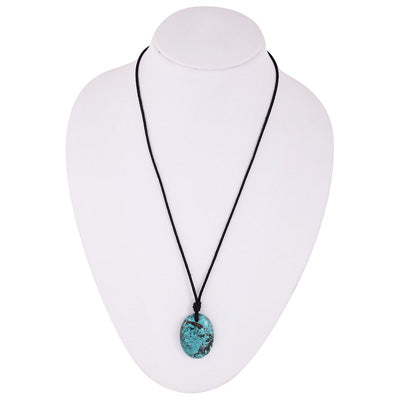 Magnificent Gemstone Turquoise Oval Shape Black Cotton Cord Pendant Necklace - R1900245-4