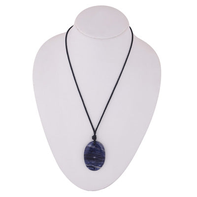 Magnificent Gemstone Sodalite Oval Shape Black Cotton Cord Pendant Necklace - R1900246-11