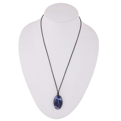 Magnificent Gemstone Sodalite Oval Shape Black Cotton Cord Pendant Necklace - R1900246-3