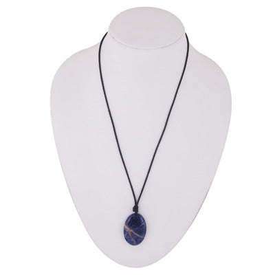 Magnificent Gemstone Sodalite Oval Shape Black Cotton Cord Pendant Necklace - R1900246-4