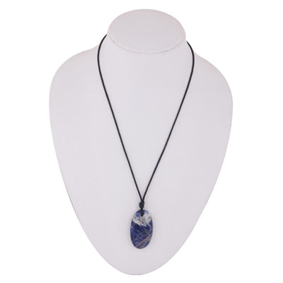 Magnificent Gemstone Sodalite Oval Shape Black Cotton Cord Pendant Necklace - R1900246-6