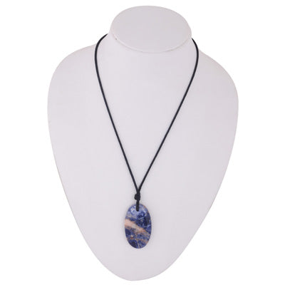 Magnificent Gemstone Sodalite Oval Shape Black Cotton Cord Pendant Necklace - R1900246-7